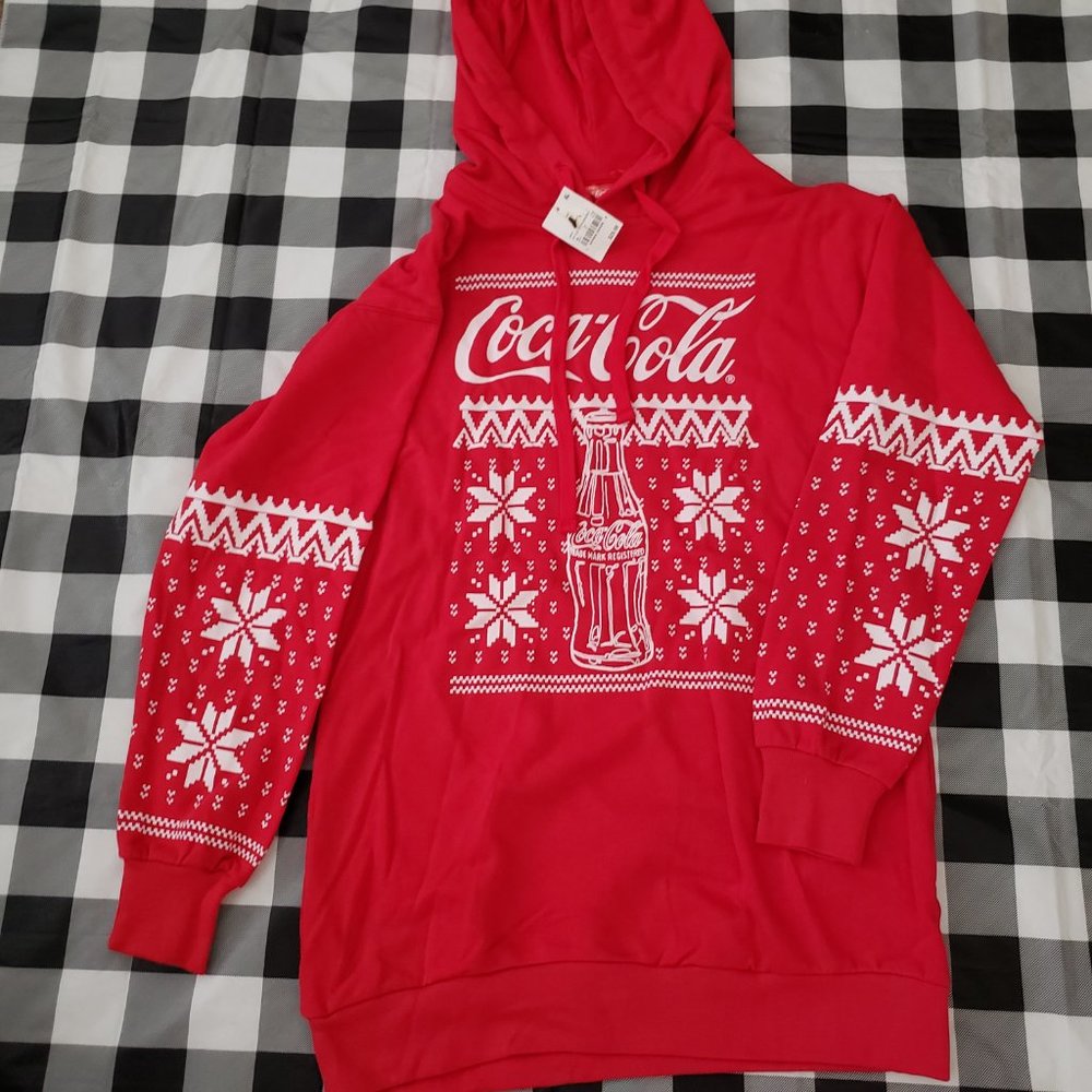Coca-Cola Women's Holiday Long Sleeve Hooded Graphic Sweatshirt Dress Red - Picture 2 of 8